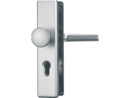 Kľučka predných dverí s bezpečnostným systémom Abus KLN314 F1 CL/DNFLI / vzdialenosť 72 mm / štvorcový čap 8 mm / hrúbka štítu 15 mm / hliník / kov / strieborná / ZÁNOVNÉ