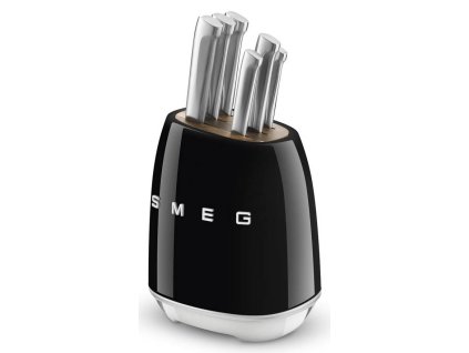 6-dielna sada nožov so stojanom Smeg 50's Style KBSF02BL / plast/nerezová oceľ/akáciové drevo / čierna/nerezová