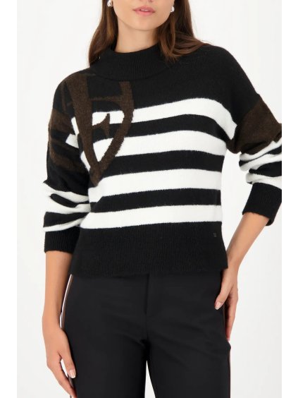 Dámský svetr s tmavě hnědým logem - černo-bílý pruhy - Monari