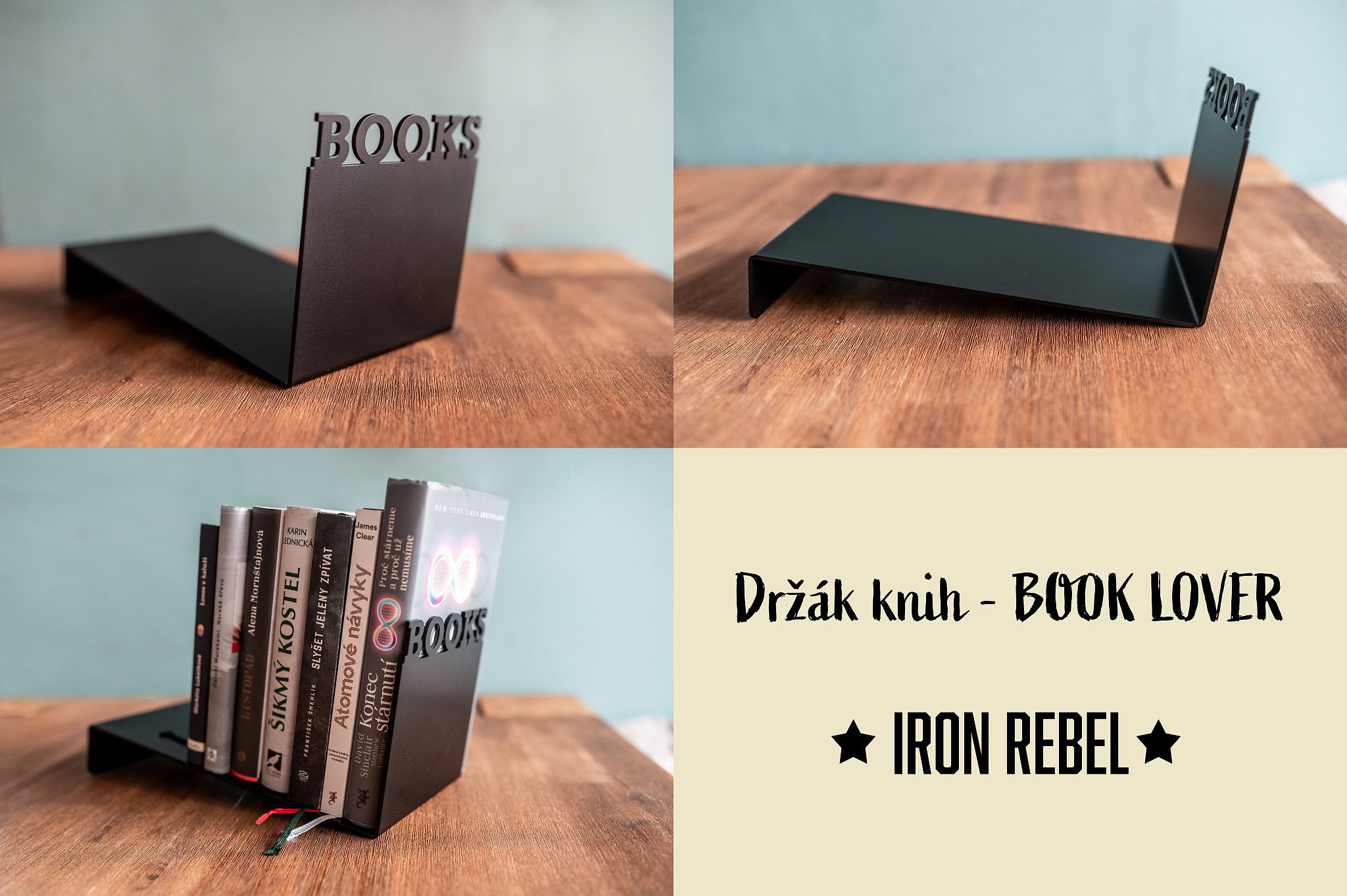 Kovový držák knih