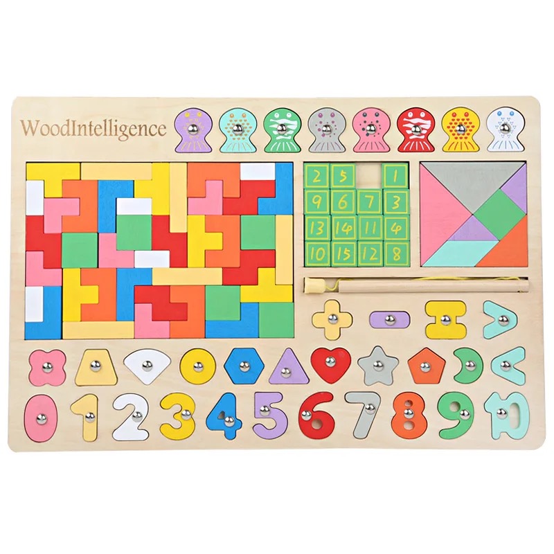 Iskay Montessori Dřevěná vkládačka - ryby, čísla, tangram, tvary, tetris, klotski, 98 ks