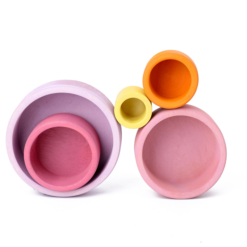 Iskay Montessori SADA DŘEVĚNÉ MISKY BUBBLE GUM, 5 DÍLŮ