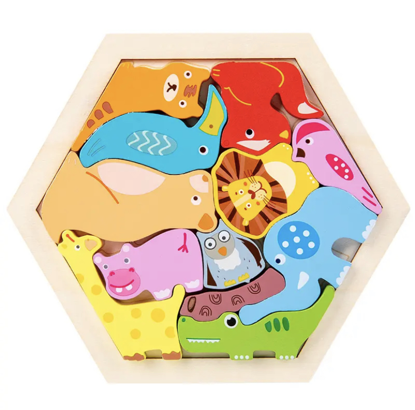 Iskay Montessori Dřevěná skládačka puzzle - Ovoce, Zvířátka, Vozidla Design: Zvířátka