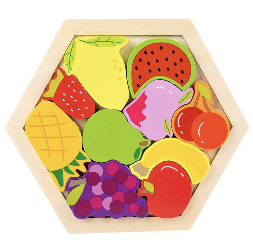 Iskay Montessori Dřevěná skládačka puzzle - Ovoce, Zvířátka, Vozidla Design: Ovoce