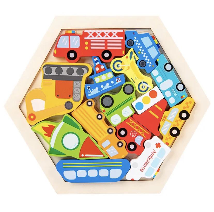 Iskay Montessori Dřevěná skládačka puzzle - Ovoce, Zvířátka, Vozidla Design: Vozidla