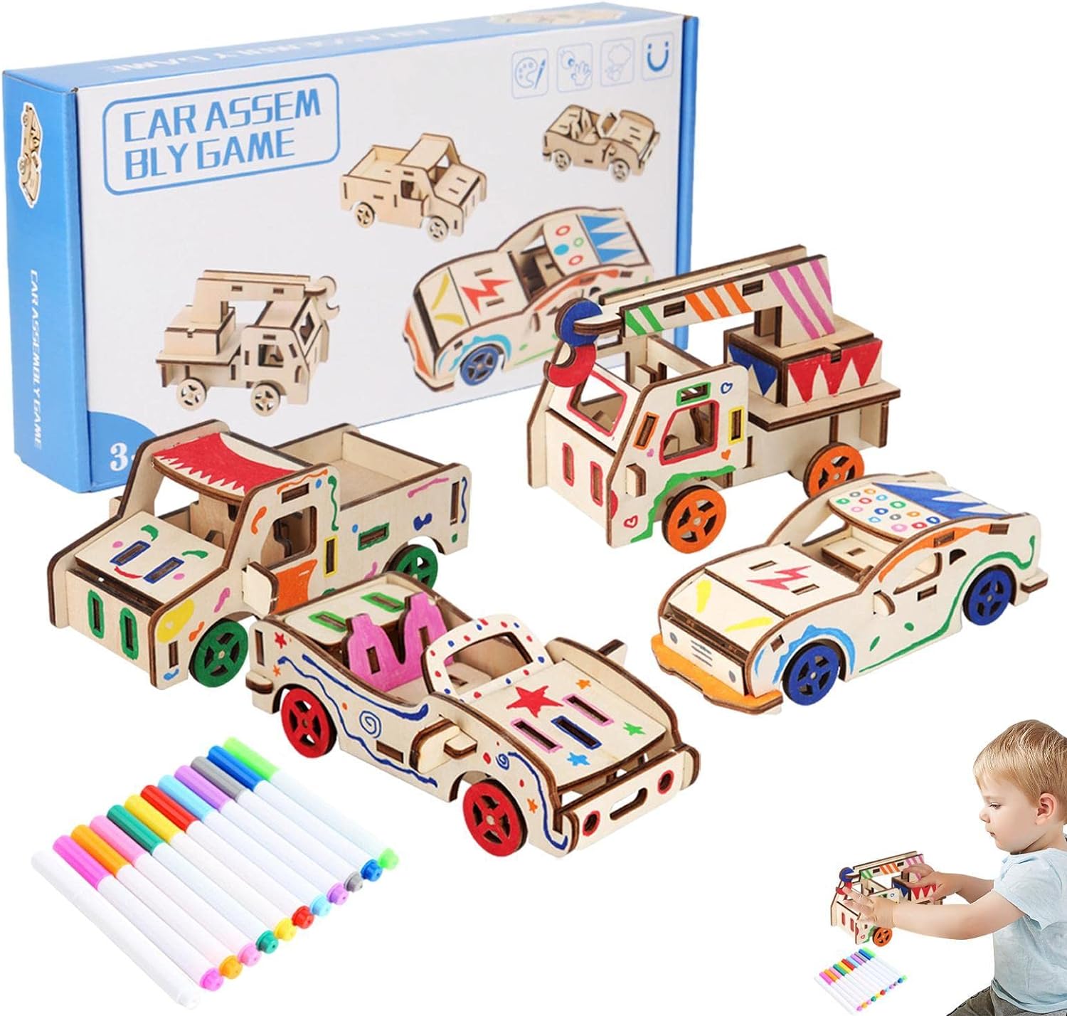 Iskay Montessori Dřevěná sada 3D skládačka - 4 auta