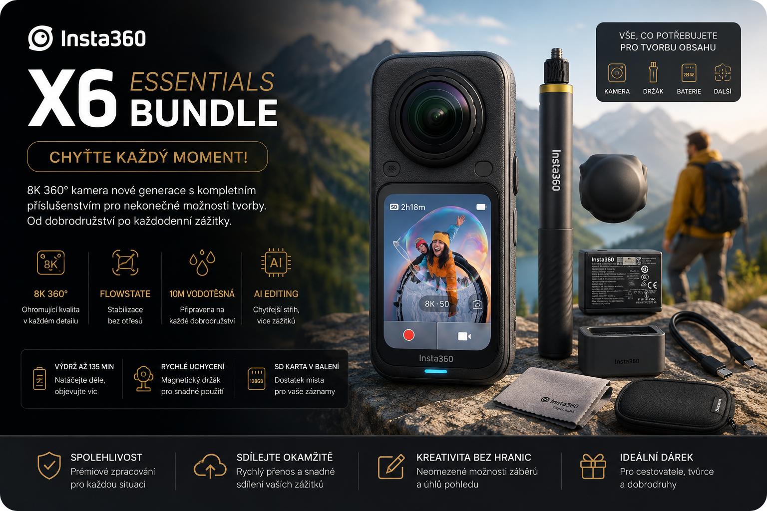 Akční kamera Insta360 X6 s příslušenstvím z balíčku Essentials Bundle