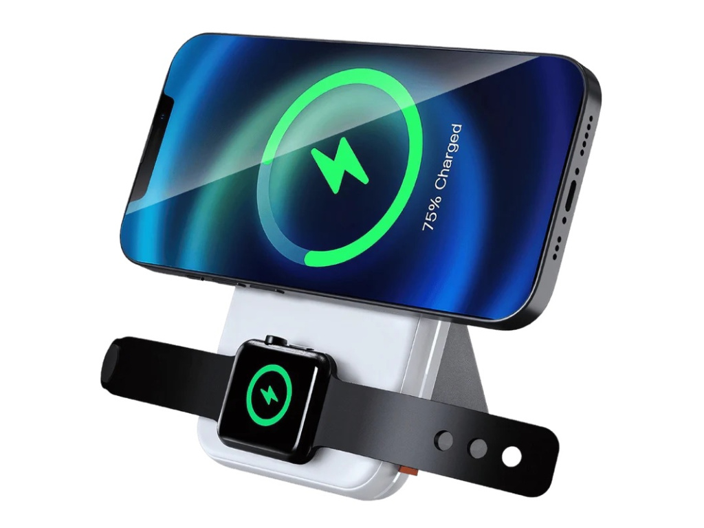 2 in 1 Wireless MagSafe PowerBank 10k mAh Dual Type C Fast Charging LED Display Magnetic Suction Multi Device Charging Portable High Density Battery Safe Travel PNG 12