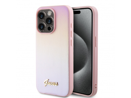 guess pu leather iridescent metal script zadni kryt pro iphone 15 pro pink ie12461313