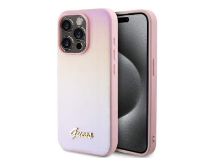 guess pu leather iridescent metal script zadni kryt pro iphone 15 pro pink ie12461313
