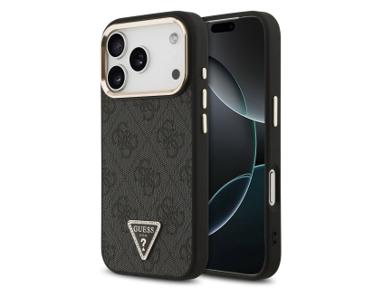 guess pu leather 4g strass triangle logo gold frame magsafe zadni kryt pro iphone 17 pro black ie14352075