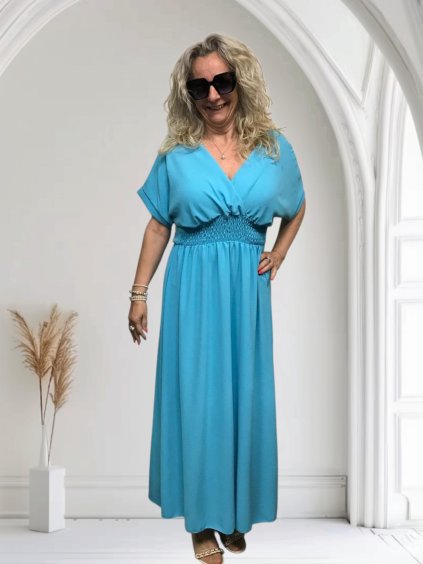 Mila dlouhé šaty maxi One size tyrkysové s krátkým rukávem