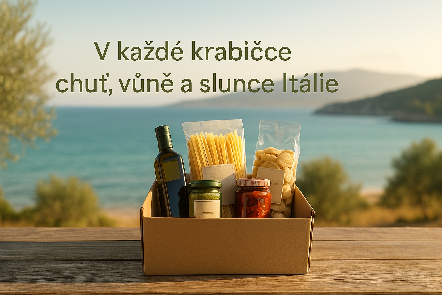 Dárková krabice s italskými potravinami – těstoviny, olivový olej, pesto a sušená rajčata na dřevěném stole s výhledem na moře.