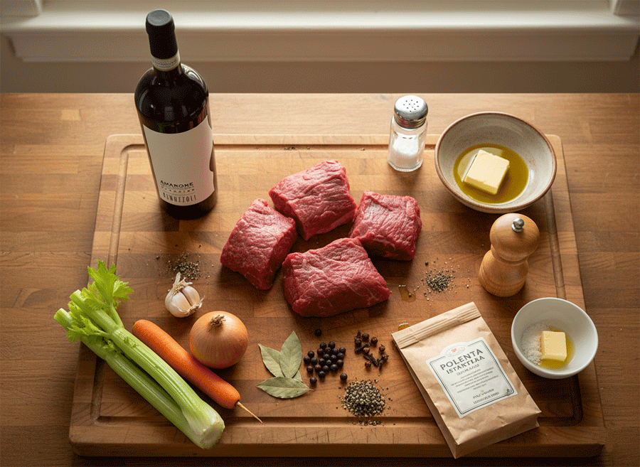 Suroviny pro Brasato all'Amarone (dušené hovězí na Amarone)