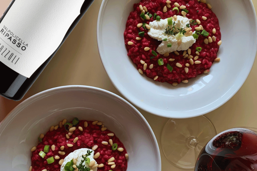 risotto s červenou řepou a červeným vínem