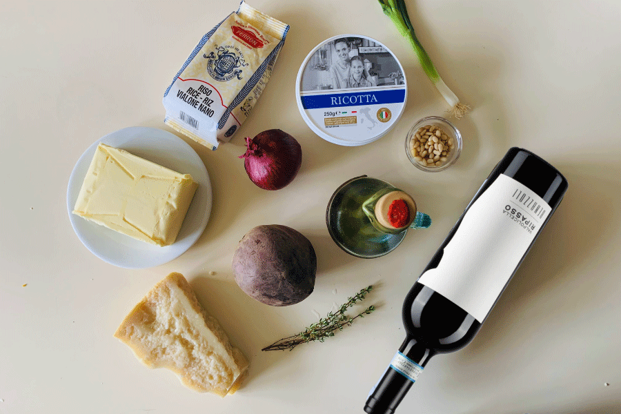 Suroviny pro Risotto s červeným vínem a červenou řepou