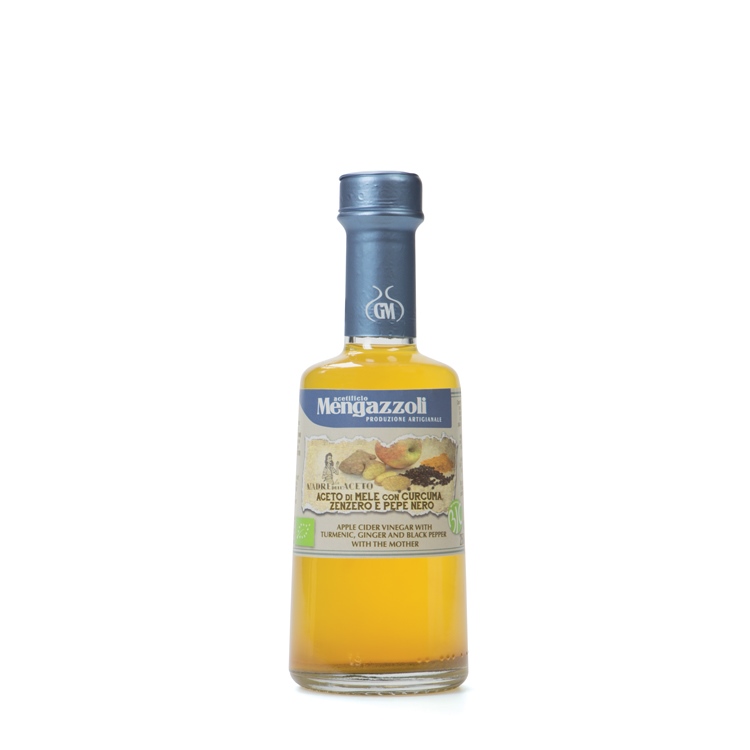 Mengazzoli jablečný ocet s kurkumou, zázvorem a černým pepřem (Aceto di Mele con curcuma, zenzero e pepe nero) BIO 250ml