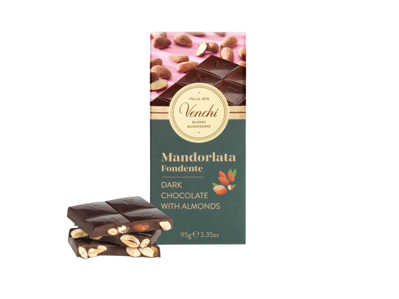 Venchi Hořká čokoláda s mandlovou pastou a praženými mandlemi (Mandorlata Fondente) 95g