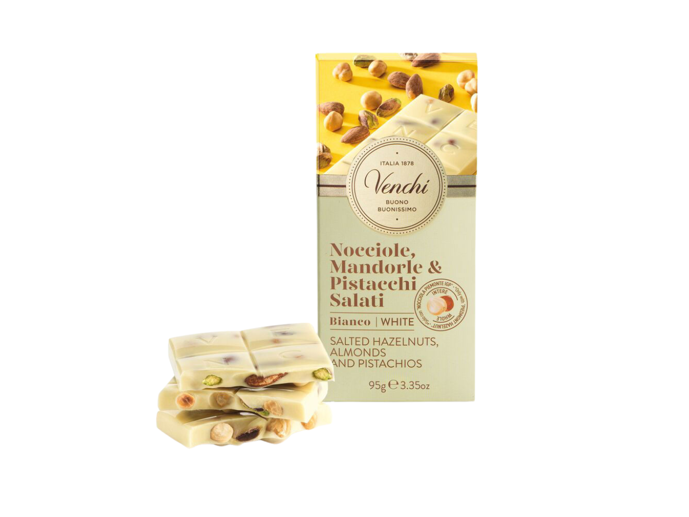 Venchi Bílá čokoláda se slanými mandlemi, pistáciemi a lískovými oříšky