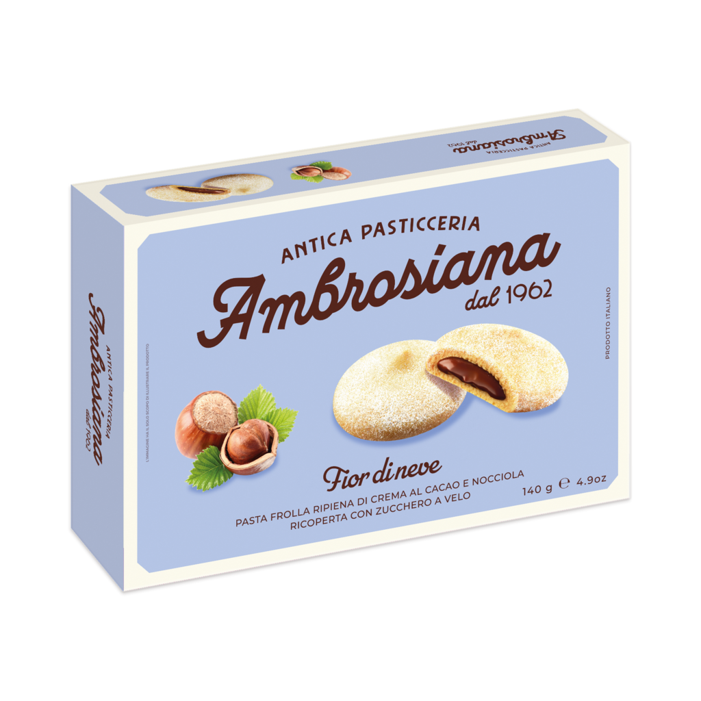 Ambrosiana Fior di Neve sušenky s kakao-lískooříškovou náplní 140g.