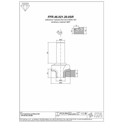 ITA DIA - Speciální diamantová stopková fréza - sada pro dekoraci - série FFR (D=46; l=21; L=0; S=20; H=0; Z2; -; RH)