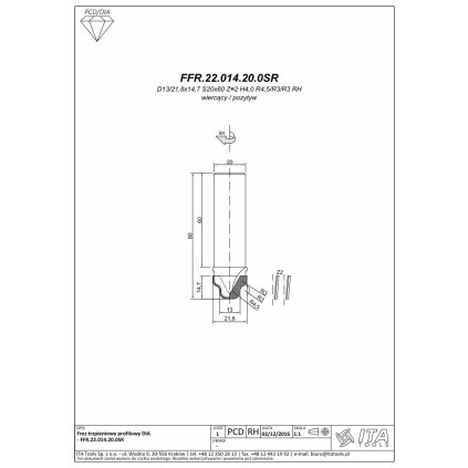 ITA FFR - Diamantová fréza profilová (D=21,8; l=14,7; L=80; S=20; H=4; Z2; RH)