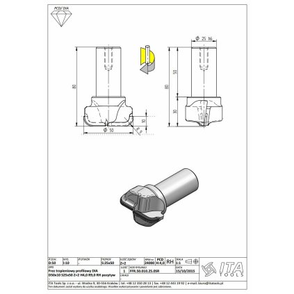 ITA FFR - Diamantová fréza profilová (D=50; l=10; L=0; S=25; H=4; Z2; RH)
