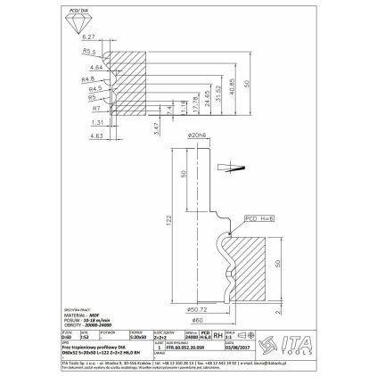 ITA FFR - Diamantová fréza profilová (D=60; l=52; L=122; S=20; H=6; Z2+2; RH)