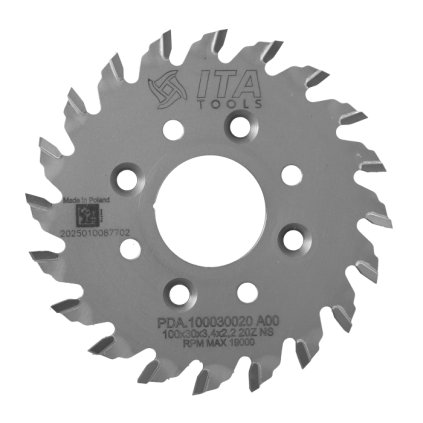 ITA PDA - Pilový kotouč pro CNC drážkovací agregát (D=100; F=30; PH=4/M6/48 LH + 4/M6/48 RH; Z=20; K=3,4; P=2,2; NS)
