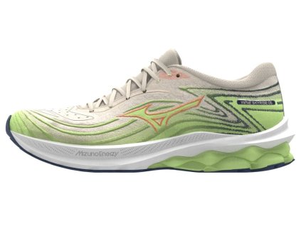 Dámská běžecká obuv Mizuno WAVE SKYRISE 5 / Pristine/Vibrant Orange/MIZUNO Neo Lime (Velikost 36.5/4.0)