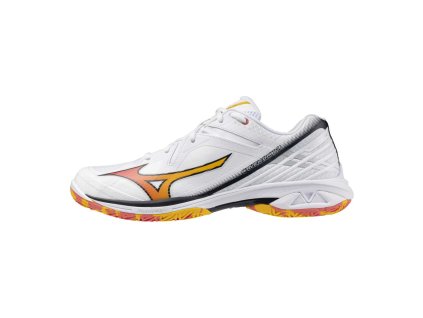 Unisex badmintonová obuv Mizuno WAVE CLAW 3(U) / White/Citrus/Calypso Coral (Velikost 42.5/8.5)