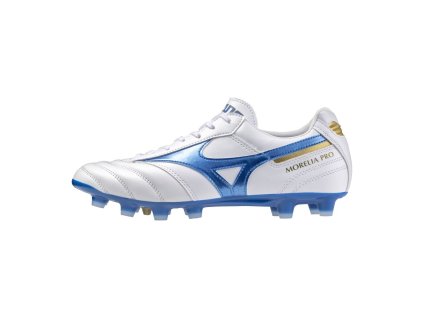 Pánské fotbalové lisovky Mizuno MORELIA II PRO FG / White/Laser Blue/Gold (Velikost 39.0/6.0)