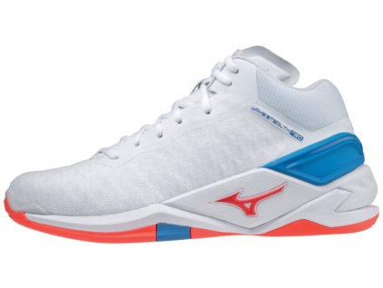 Unisex halová obuv Mizuno WAVE STEALTH NEO MID / WHITE / IGNITION RED / FRENCH BLUE (Velikost 50.0/14.0)