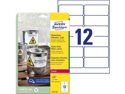 Etikety polyesterové veľmi odolné 99,1x42,3mm Avery A4 biele 20 hárkov