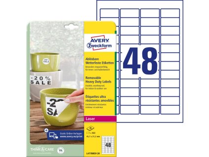 Etikety polyesterové veľmi odolné 45,7x21,2mm Avery A4 biele odnímateľné 20 hárkov