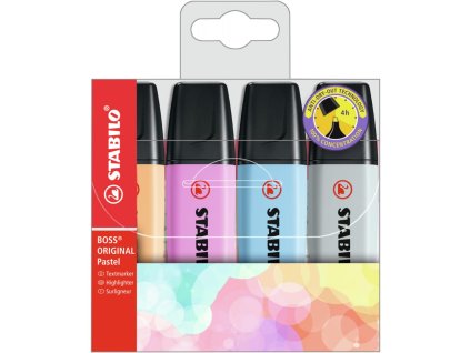 Sada zvýrazňovačov STABILO BOSS ORIGINAL Pastel 4S Pastelová oranžová, svieža modrá, fuchsiová, šedá