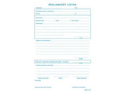 Reklamačný list, samoprepis, A5, 100 listov