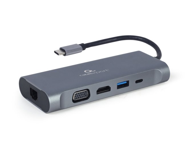 Gembird USB-C 7v1 multiport USB 3.0 + HDMI + VGA + PD + čtečka karet + stereo audio