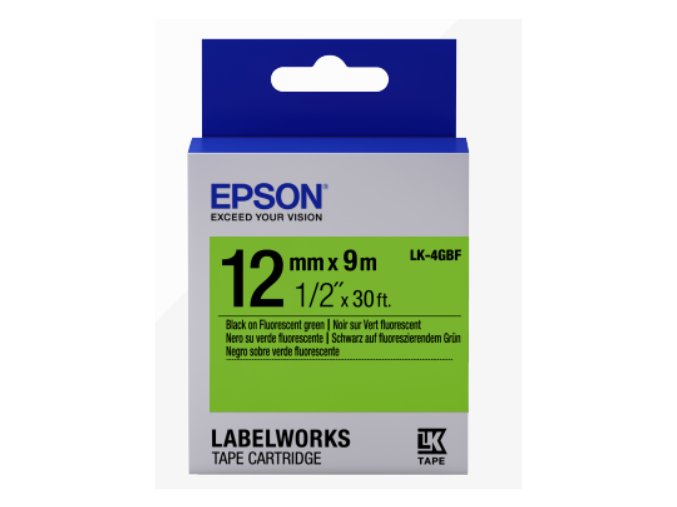 Epson Label Cartridge Fluorescent LK-4GBF Black/Green 12mm (9m)
