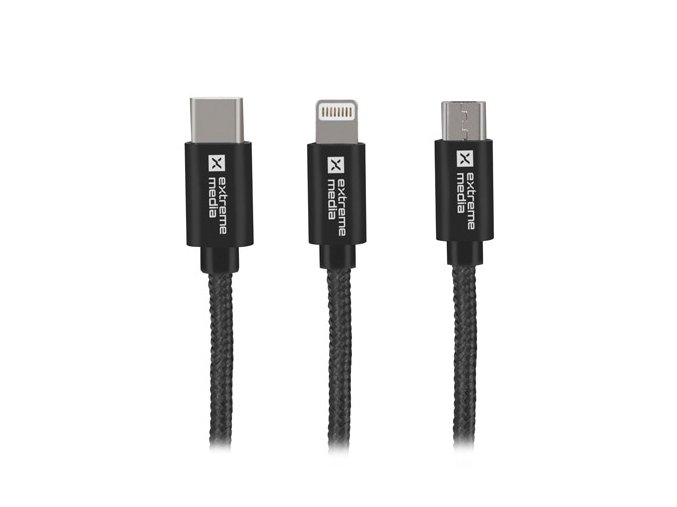 Natec vícekonektorový kabel 3v1 USB Micro + Lightning + USB-C, textilní opletení, 1m