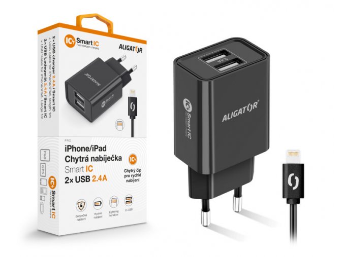 Chytrá síťová nabíječka ALIGATOR 2,4A, 2xUSB, smart IC, černá, USB kabel pro iPhone/iPad