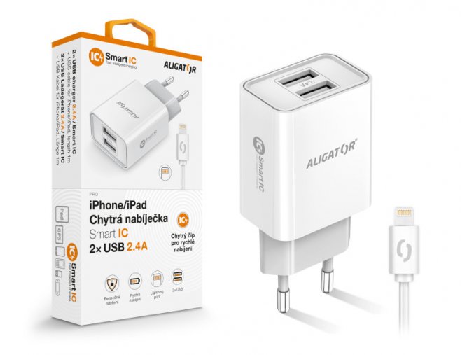 Chytrá síťová nabíječka ALIGATOR 2,4A, 2xUSB, smart IC, bílá, USB kabel pro iPhone/iPad