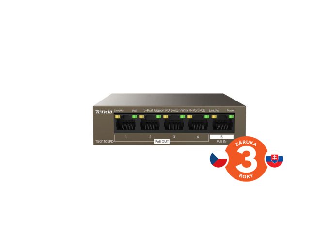 Tenda TEG1105PD PoE PD Gigabit switch, 1x PoE IN, 4x PoE OUT 802.3af, 5x 1 Gb/s, max. 30W, fanless