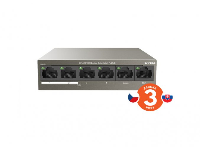 Tenda TEF1106P-4-63W PoE AT switch 4x PoE 802.3af/at, 6x 100Mb/s, PoE celkem 63W, fanless, PoE+