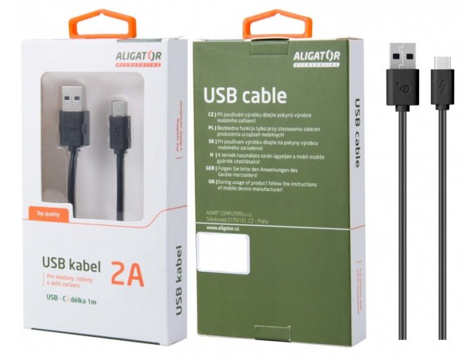 Datový kabel , USB-C, 2A, 1m, prodloužený konektor 9mm, černý