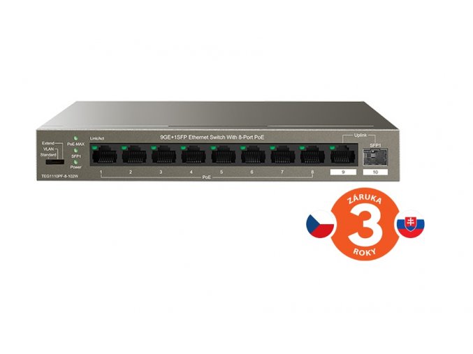 Tenda TEG1110PF-8-102W PoE AT switch 8xPoE 802.3af/at + Uplink RJ45 + SFP port, 92W, PoE+, fanless