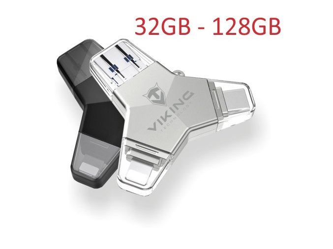 VIKING USB FLASH DISK 3.0 4v1 128GB, S KONCOVKOU APPLE LIGHTNING, USB-C, MICRO USB, USB3.0, černá