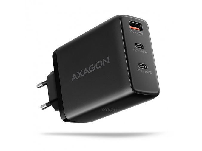 AXAGON ACU-DPQ100, GaN nabíječka do sítě 100W, 3x port (USB-A + dual USB-C), PD3.0/PPS/QC4+/Apple