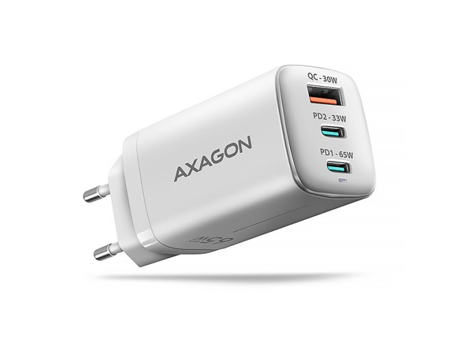 AXAGON ACU-DPQ65W, GaN nabíječka do sítě 65W, 3x port (USB-A + dual USB-C), PD3.0/QC4+/PPS/Apple