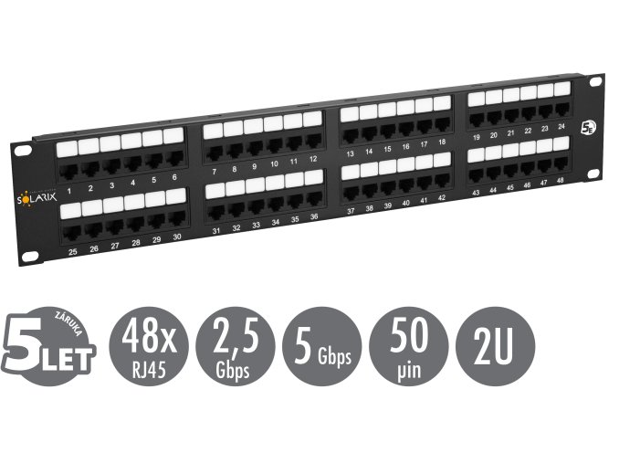 19" patch panel Solarix 48 x RJ45 CAT5E UTP 150 MHz černý 2U SX48-5E-UTP-BK